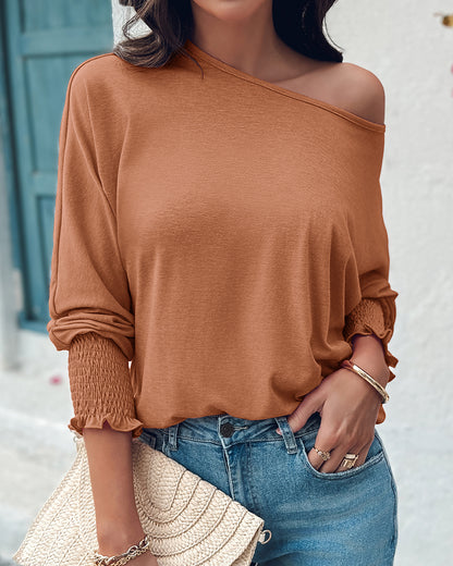 Round Neck Three Quarters Shirred Lantern Sleeve Softy T-Shirt Casual Tee