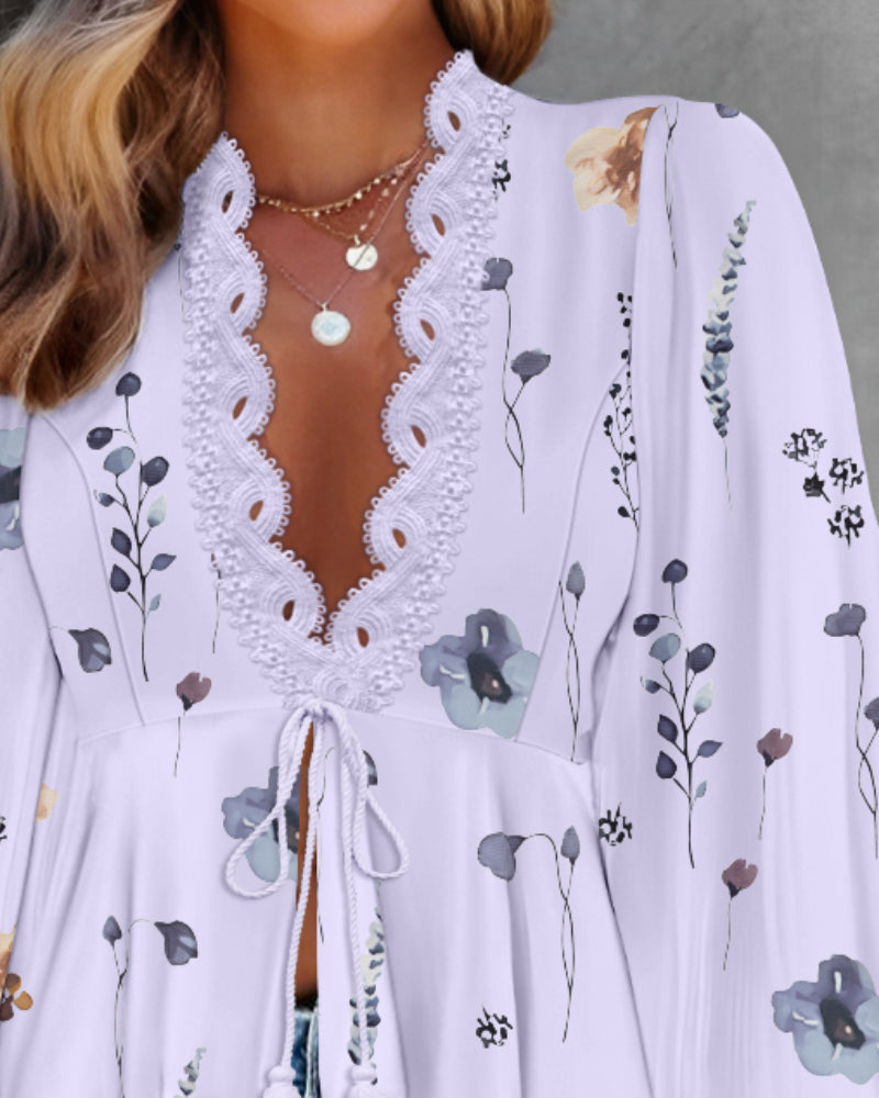 Floral Print Deep V-Neck Lantern Sleeve Casual Contrast Lace Tied Detail Blouse