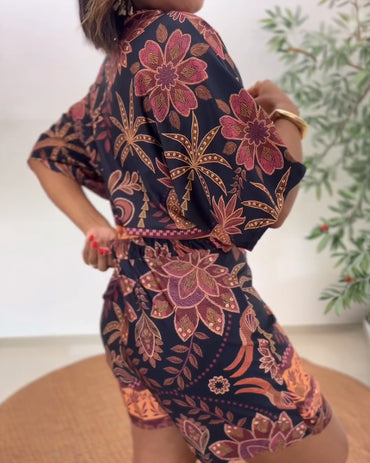 Women's Tropical Print Romper V Neck Wrap Knot Side Jumpsuit Half Sleeve Beach Vacation Summer Skorts Romper