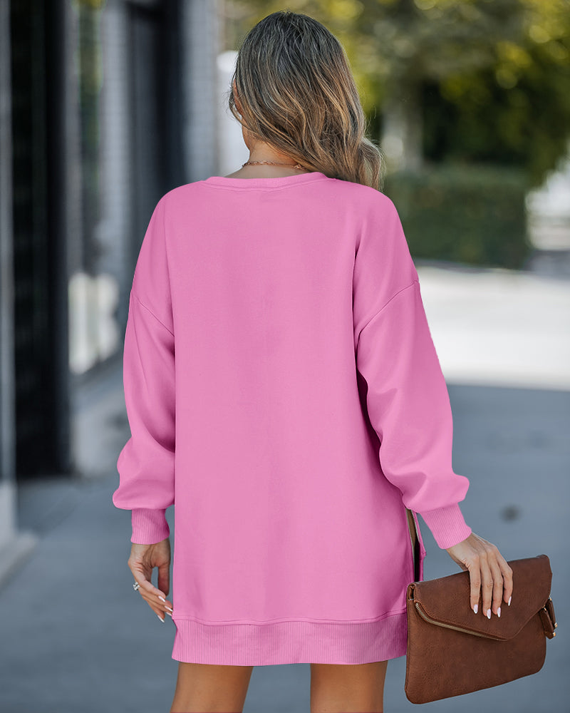 Letter Patch Detail Long Sleeve Drop Shoulder Pullover Sweatshirt Casual Zipper Side Slit Top