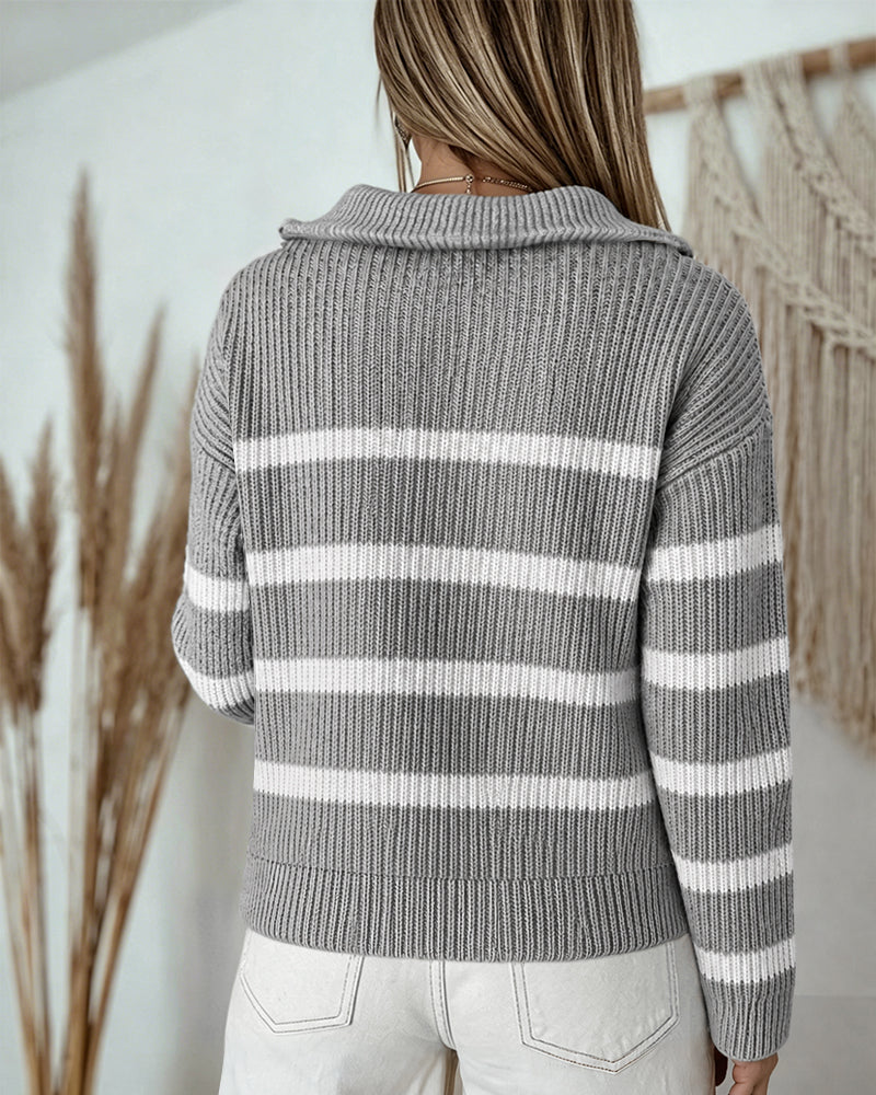Women's Half Zip Striped Sweater Colorblock Turn-down Collar Knit Pullover Drop Shoulder Loose Fit Top