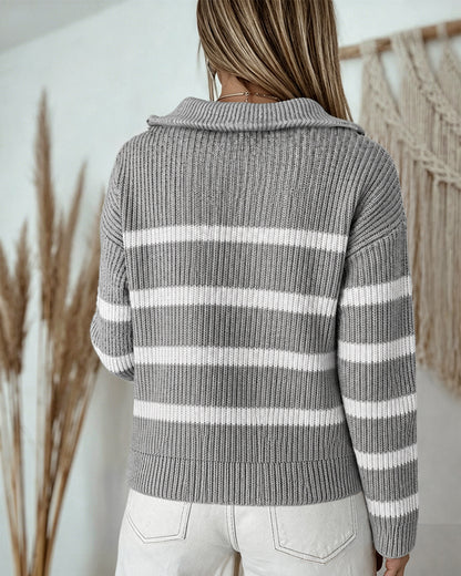 Women's Half Zip Striped Sweater Colorblock Turn-down Collar Knit Pullover Drop Shoulder Loose Fit Top