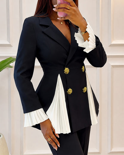 Women's Contrast Pleated Blazer Double Breasted Cinch Waist Coat