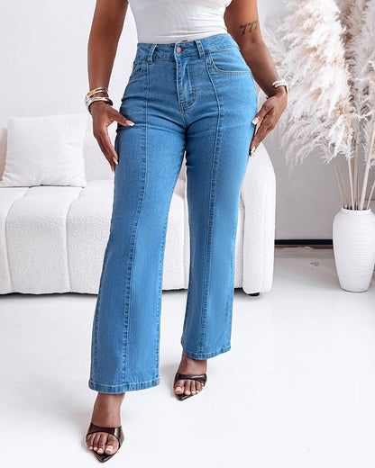 Seam Front High Wait Straight Leg Denim Pants Casual Zipper Fly Jeans