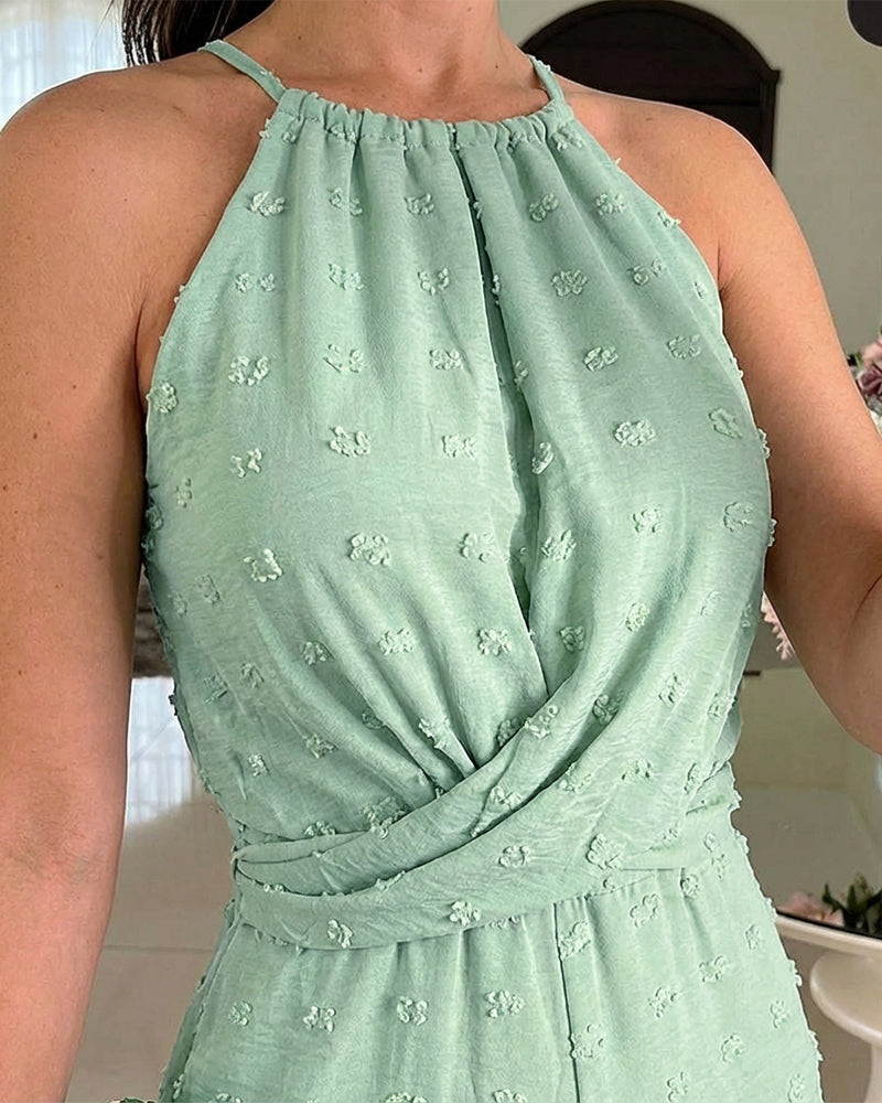 Allover 3D Decor Halter Tie Sleeveless Hollow-out Back Overalls Casual Criss Cross Front Tie Waist Wide Leg Textured Jumpsuit