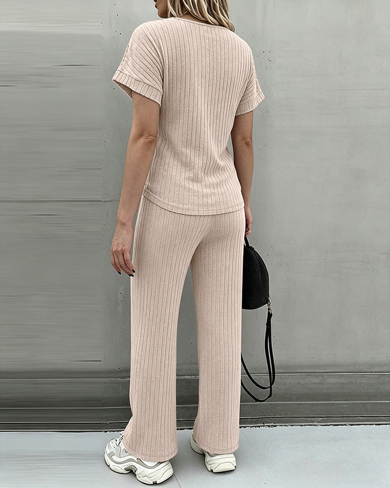Women's 2 Piece Knit Set Lace Patchwork Short Sleeve Top and Wide Leg Pants Casual Ribbed Brushed Lounge Set