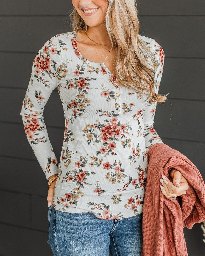 Women's Floral Print Henley Tee Ribbed Knit Slim Fit Long Sleeve Top