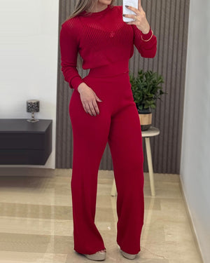 2-teiliges Outfit, Rundhalsausschnitt, lange Ärmel, halbtransparentes Crop-Top und hohe Taille, elastische Taille, weite Beinhosen, lässiges, minimalistisches, geripptes Set