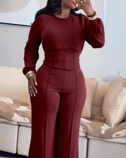 2 Pieces Outfit O-neck Long Sleeve Cinched Waist Sweatshirt and Elastic Waist Wide Leg Pants Set Casual Seam Design Sweatpants Set