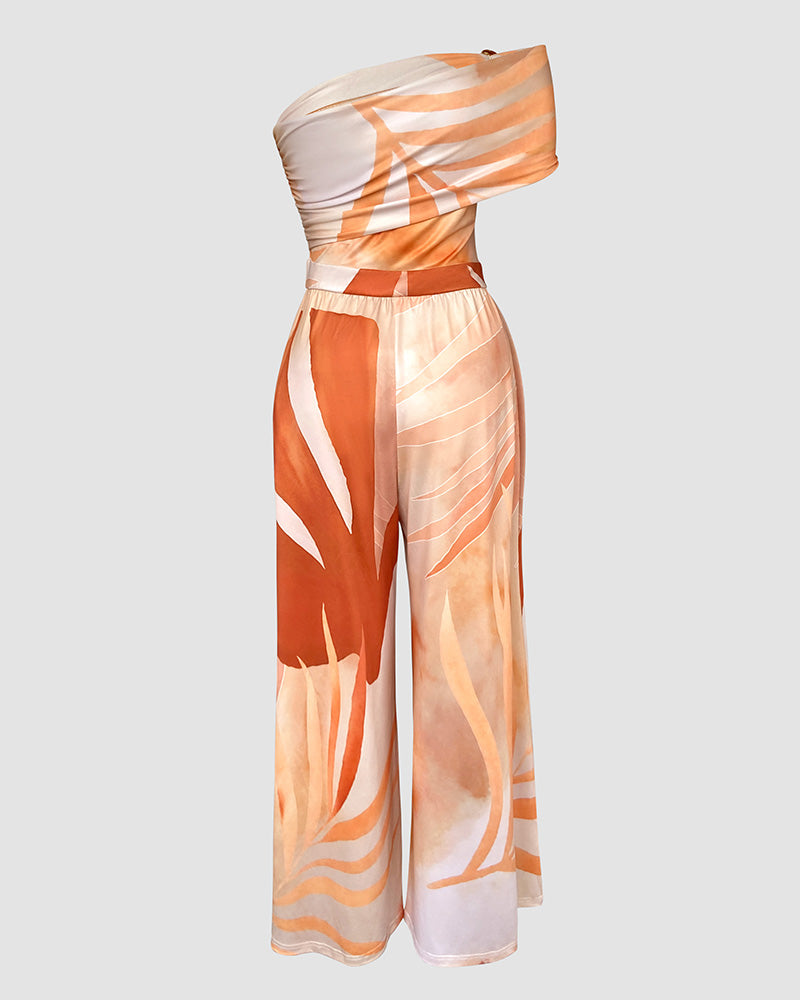 Metal Ring Decor All Over Print One Shoulder Ruched Jumpsuit Casual Pleated Wide Leg Jumpsuit