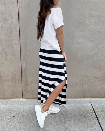 2 Pieces Outfit Floral Print Round Neck Turn-Up Cuffs Top and Casual Striped Drawstring Elastic Waist Side Slit Skirt Set