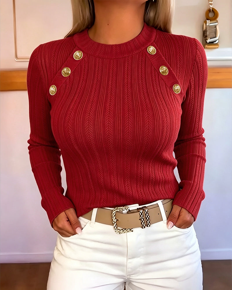 Women's Gold Button Crew Neck Textured Knit Long Sleeve Top