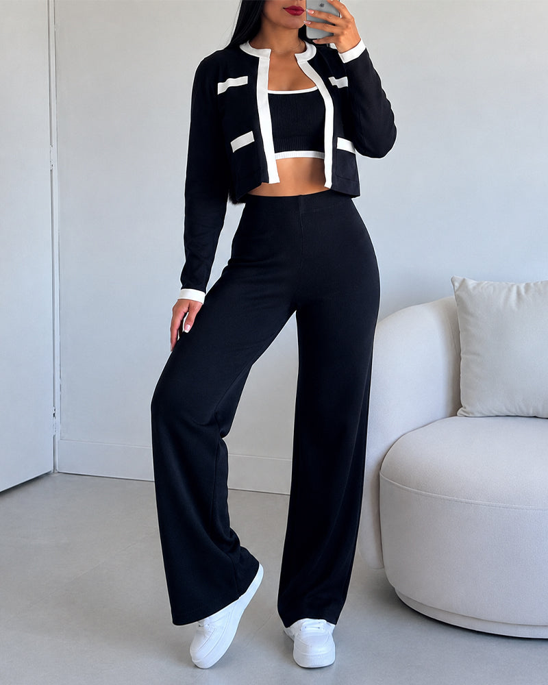 Women's Contrast Binding 3-Piece Knit Set Open Front Crop Cardigan and Wide Leg Pants with Cami Top