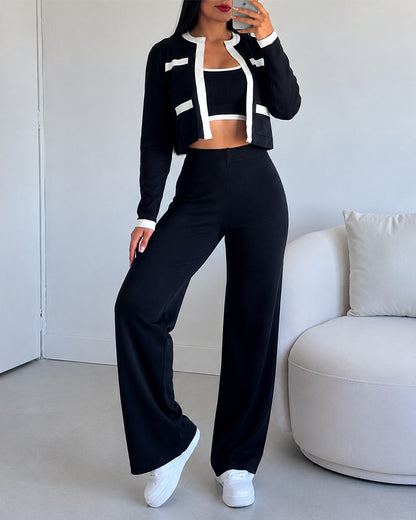Women's Contrast Binding 3-Piece Knit Set Open Front Crop Cardigan and Wide Leg Pants with Cami Top