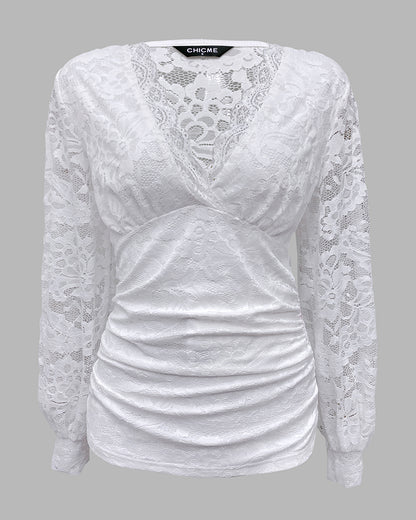 Contrast Lace Deep V-Neck Lantern Sleeve Lace Overlay Ruched Blouse Long Sleeve Slim Fit Top