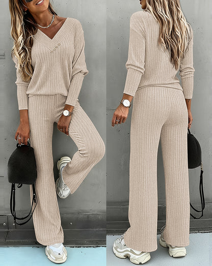 2 Pieces Outfit Button Decor V-Neck Long Sleeve Top and Elastic Waist Straight Leg Pants Set Casual Ribbed Set