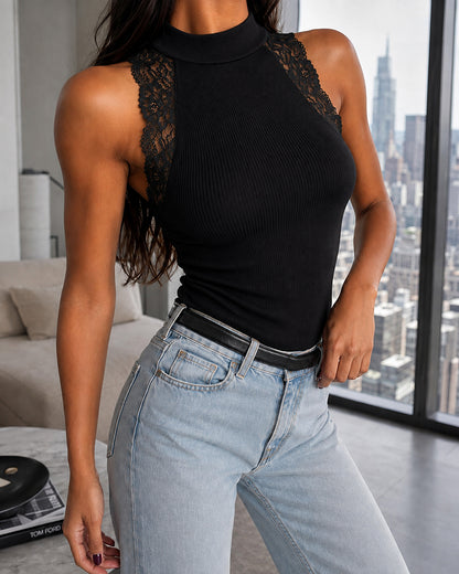 Women's Lace Trim Mock Neck Sleeveless Ribbed Knit Tank Top