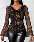 Women's Vintage Floral Mesh Cowl Neck Ruched Side Flare Long Sleeve Top