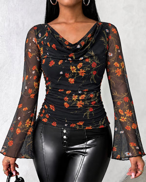 Women's Vintage Floral Mesh Cowl Neck Ruched Side Flare Long Sleeve Top