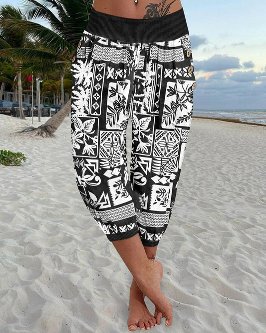 Plants Print Low Waist Wooden Button Decor Capris Pants Vacation Pants with Pockets