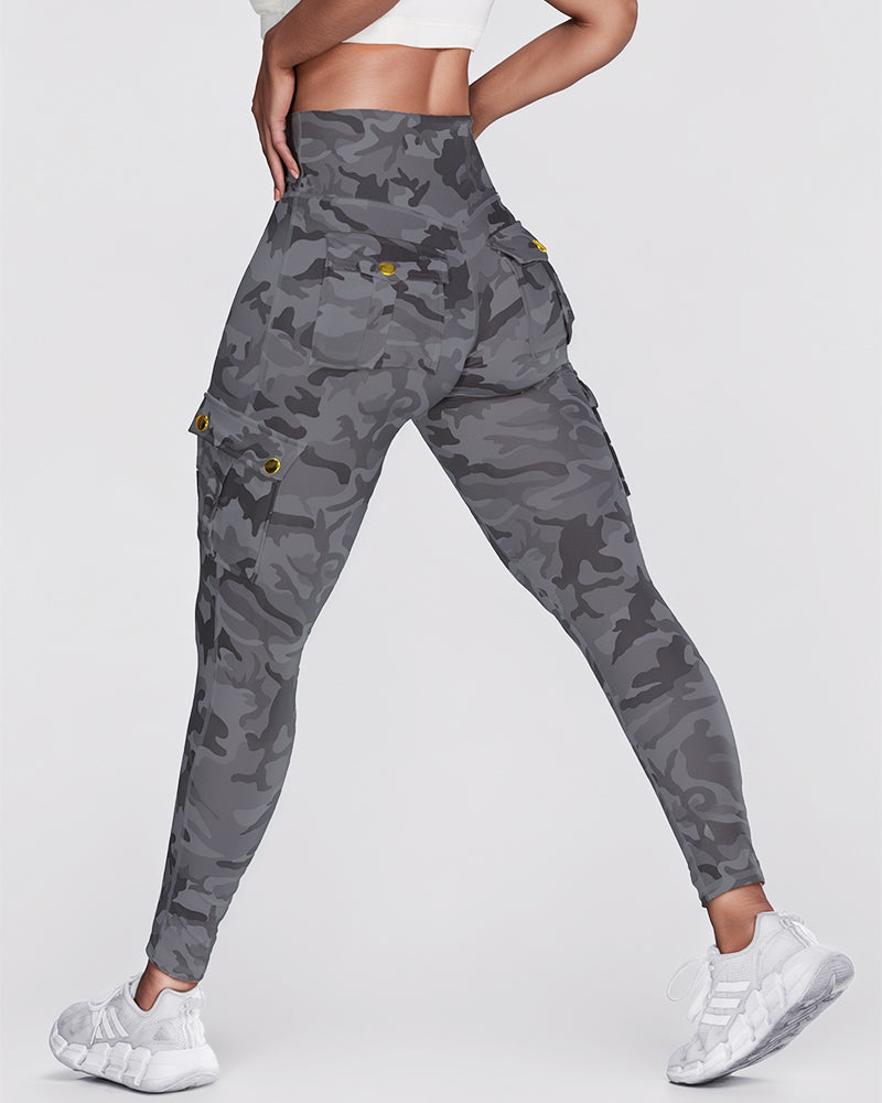 Camouflage Print High Waist Skinny Leggings with Cargo Flap Pockets Casual Pants