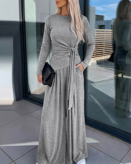 Women's 2 Piece Knit Lounge Set Long Sleeve Tie Waist Top and High Waisted Wide Leg Pants Casual Soft Sweatsuit with Pockets