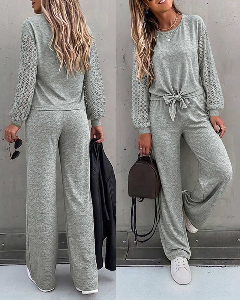 Women's 2 Piece Outfits Lace Patchwork Long Sleeve Top and Knot Front Straight Leg Pants Set Casual Matching Lounge Set
