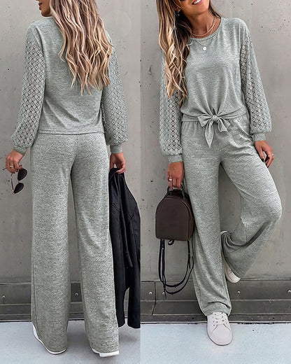 Women's 2 Piece Outfits Lace Patchwork Long Sleeve Top and Knot Front Straight Leg Pants Set Casual Matching Lounge Set