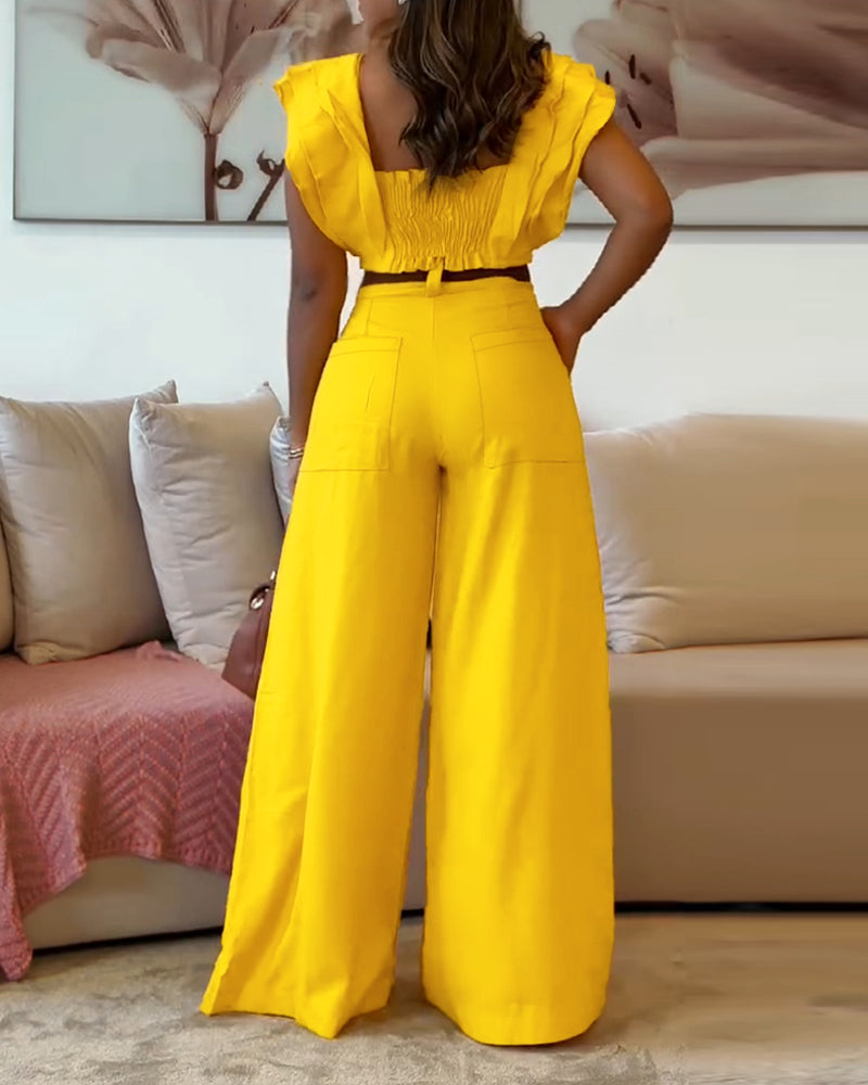 2 Pieces Outfit Sqaure Neck Flutter Sleeve Shirred Back Backless Crop Top and Zipper Fly Single Breasted Front Elastic Back Waist Wide Leg Pants Set