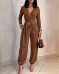 Women's Glitter Tied Detail High Waist Jumpsuit Overlap V Neck Long Sleeve Overalls