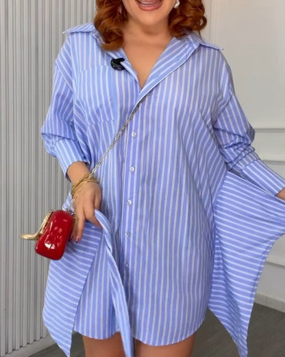 Women's Striped Button Down Shirt Dress Tie Front Wrap Asymmetric Hem Long Sleeve Casual Dress