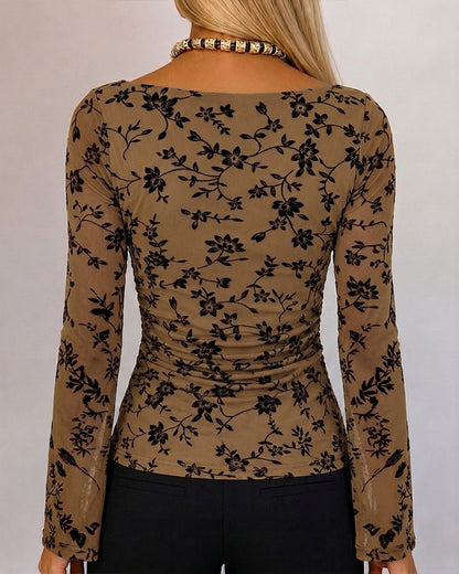 Women's Vintage Flocked Floral Mesh Top Boat Neck Ruched Flare Long Sleeve Tee