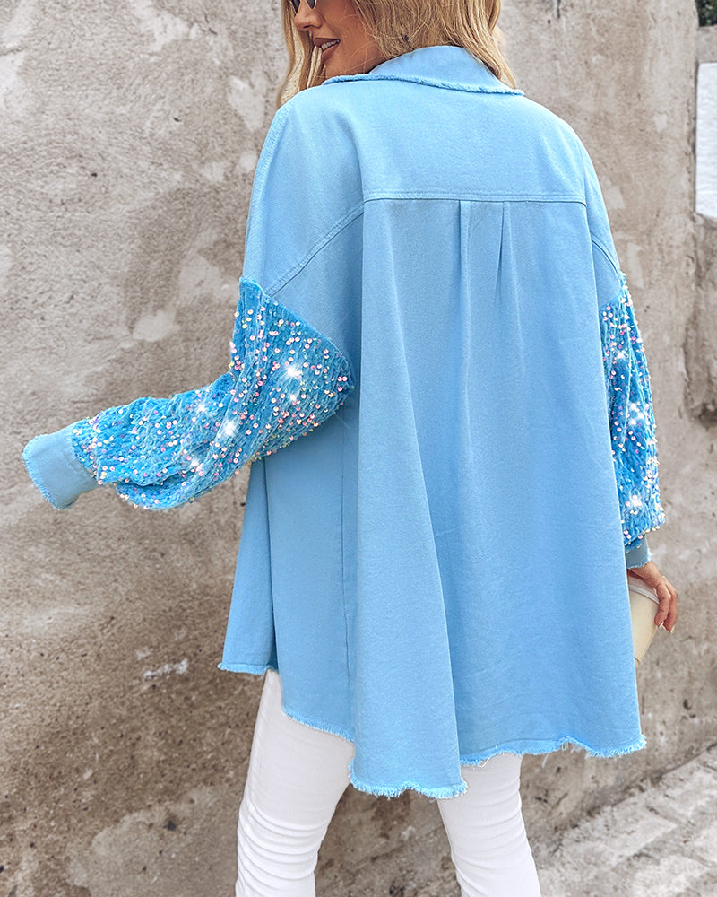Casual Jacket Sequin Patchwork Long Sleeve Jacket Top Button Front Raw Hem Oversized Denim Shacket