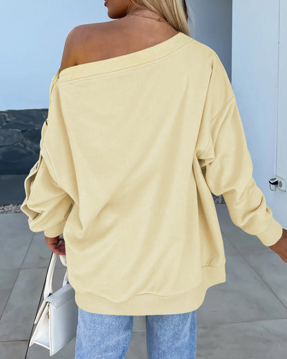 Skew Neck Buttoned Sweatshirt Casual Long Sleeve Pullover Tops Outfits