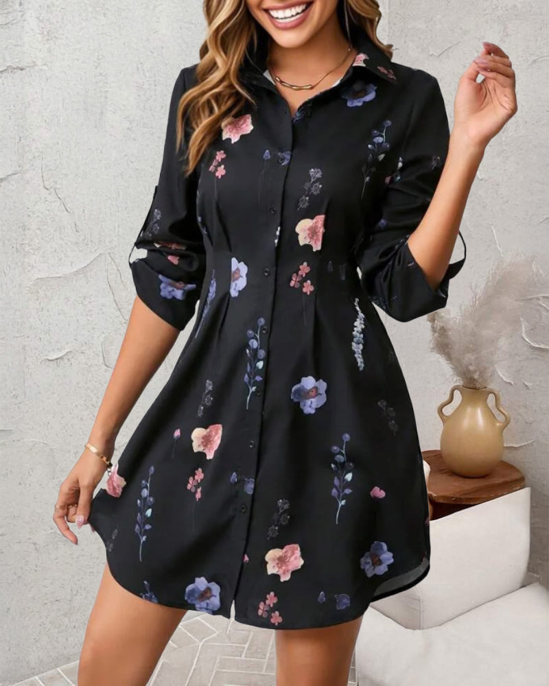 Watercolor Floral Print Turn-down Collar Turn-Up Sleeves Shirred Back Shirt Dress Casual Button Down Cinched Waist Asymmetrical Hem Vacation Dress