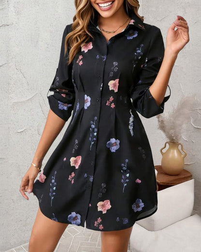 Watercolor Floral Print Turn-down Collar Turn-Up Sleeves Shirred Back Shirt Dress Casual Button Down Cinched Waist Asymmetrical Hem Vacation Dress
