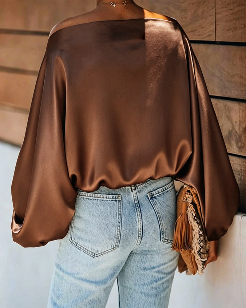 Women's Off Shoulder Satin Blouse Lantern Long Sleeve Shirt Casual Loose Fit Skew Neck Top