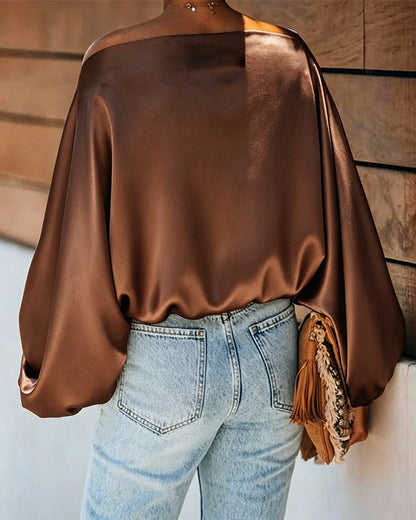Women's Off Shoulder Satin Blouse Lantern Long Sleeve Shirt Casual Loose Fit Skew Neck Top