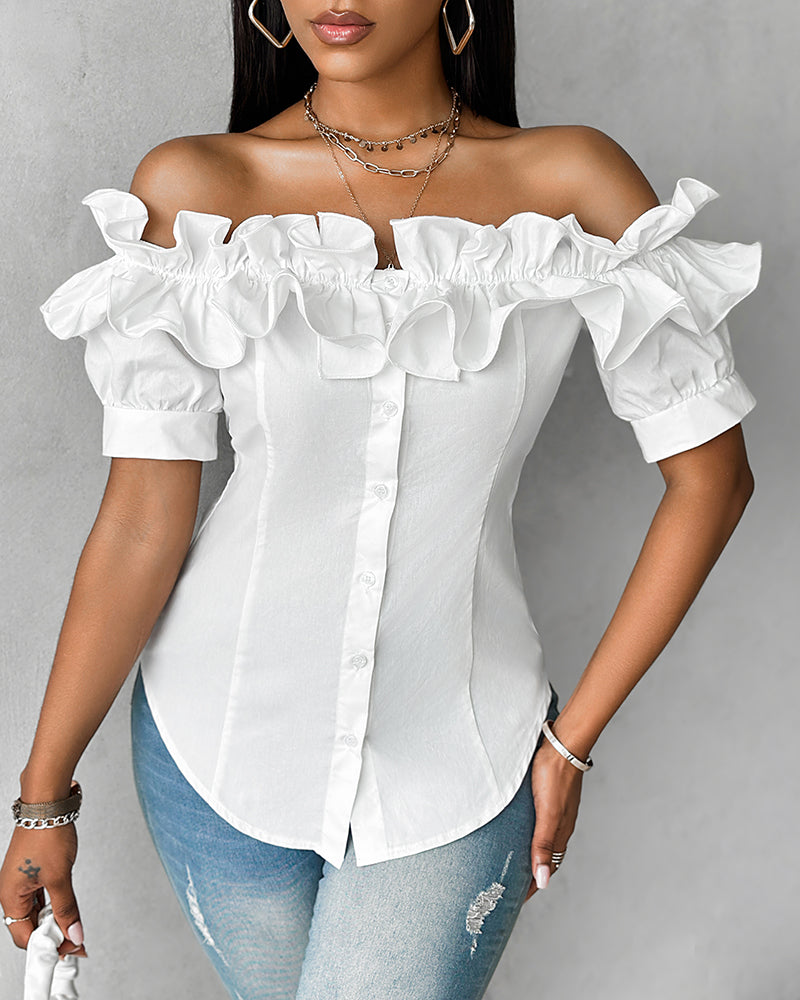 Off the Shoulder Short Sleeve Blouses Asymmetrical Button Ruffles Blouses