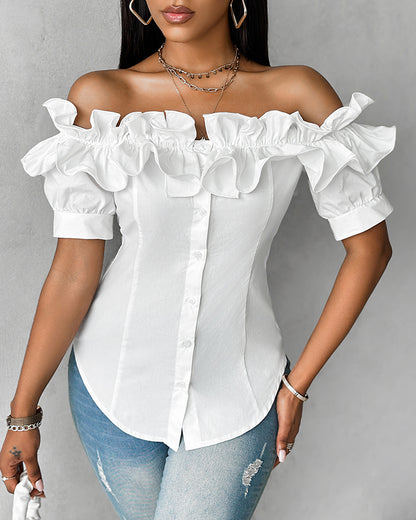 Off the Shoulder Short Sleeve Blouses Asymmetrical Button Ruffles Blouses