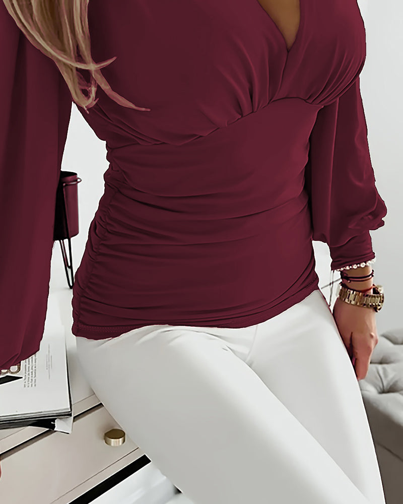 Deep V-Neck Lantern Sleeve Ruched Blouse Casual Slim Fit Top
