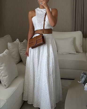 2 Pieces Outfit Lace Hollow Out Sleeveless Crop Top and Casual High Waist A Line Skirt Set