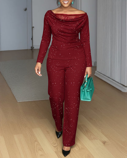 2 Pieces Outfit Cowl Neck Lace Spliced Long Sleeve Top and Elastic Waist Wide Leg Pants Set Casual Glitter Set