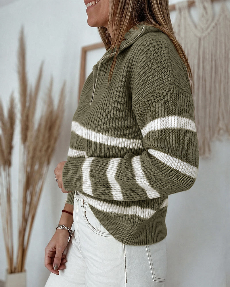 Women's Half Zip Striped Sweater Colorblock Turn-down Collar Knit Pullover Drop Shoulder Loose Fit Top