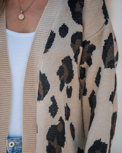 Leopard Pattern Longline Knit Cardigan Open Front Sweater