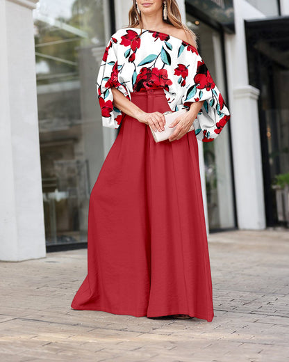 2 Pieces Outfit Floral Print Skew Neck Batwing Sleeve Stretchy Hem Top and Zipper Fly Elastic Back Waist Wide Leg Pants Set Casual Loose Fit Set