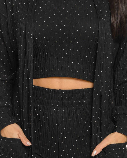 3 Pieces Outfits Cozy Comfort Glitter Long Sleeve Longline Coat and Cropped Ribbed Knit Tank Wide Leg Pants Set