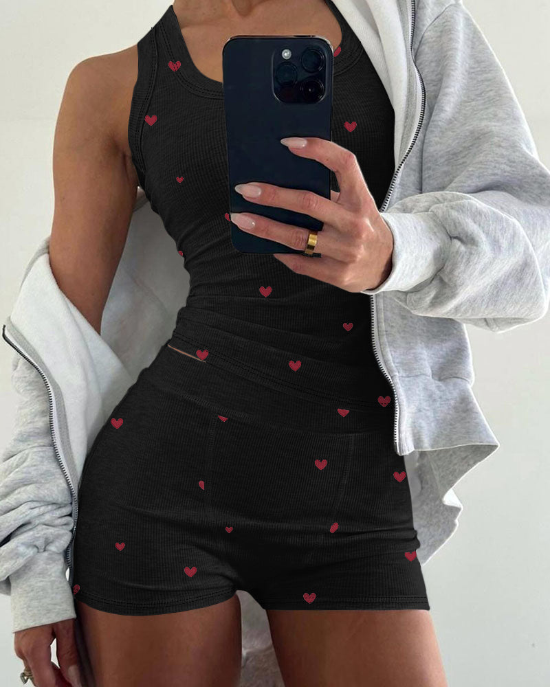 2 Pieces Outfit Heart Print U Neck Sleeveless Tank Top And Casual Strechy Waist Shorts Set Slim Fit Ribbed Pajamas Set