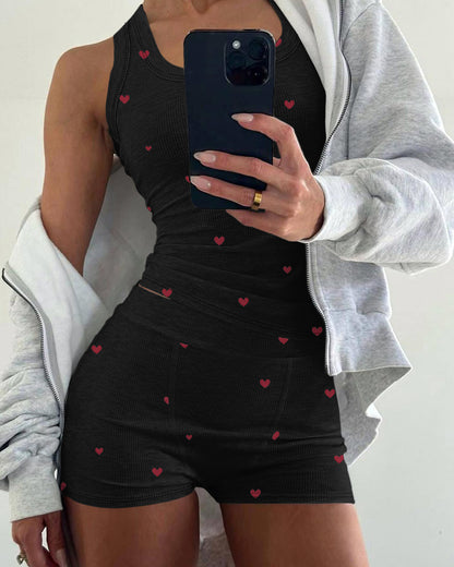2 Pieces Outfit Heart Print U Neck Sleeveless Tank Top And Casual Strechy Waist Shorts Set Slim Fit Ribbed Pajamas Set