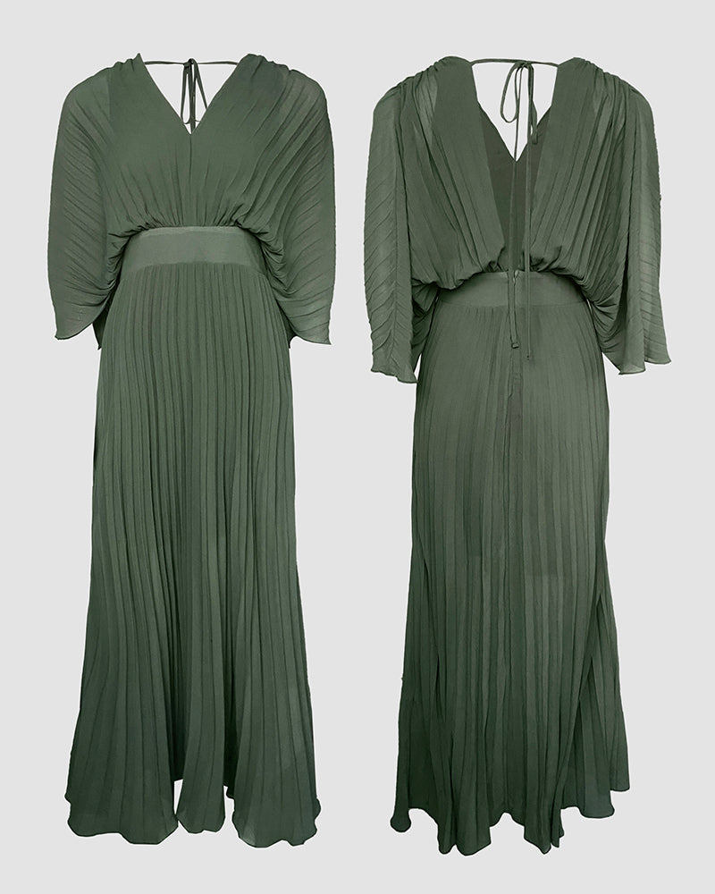 Deep V-Neck Batwing Sleeve High Waist Pleated Maxi Dress Casual Cinched Waist Backless Tied Detail Zipper Back Evening Dress
